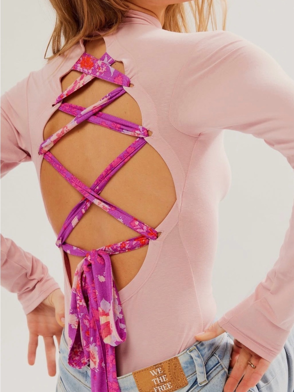 Open-Back Lace-Up Pink Bodysuit with Floral Tie